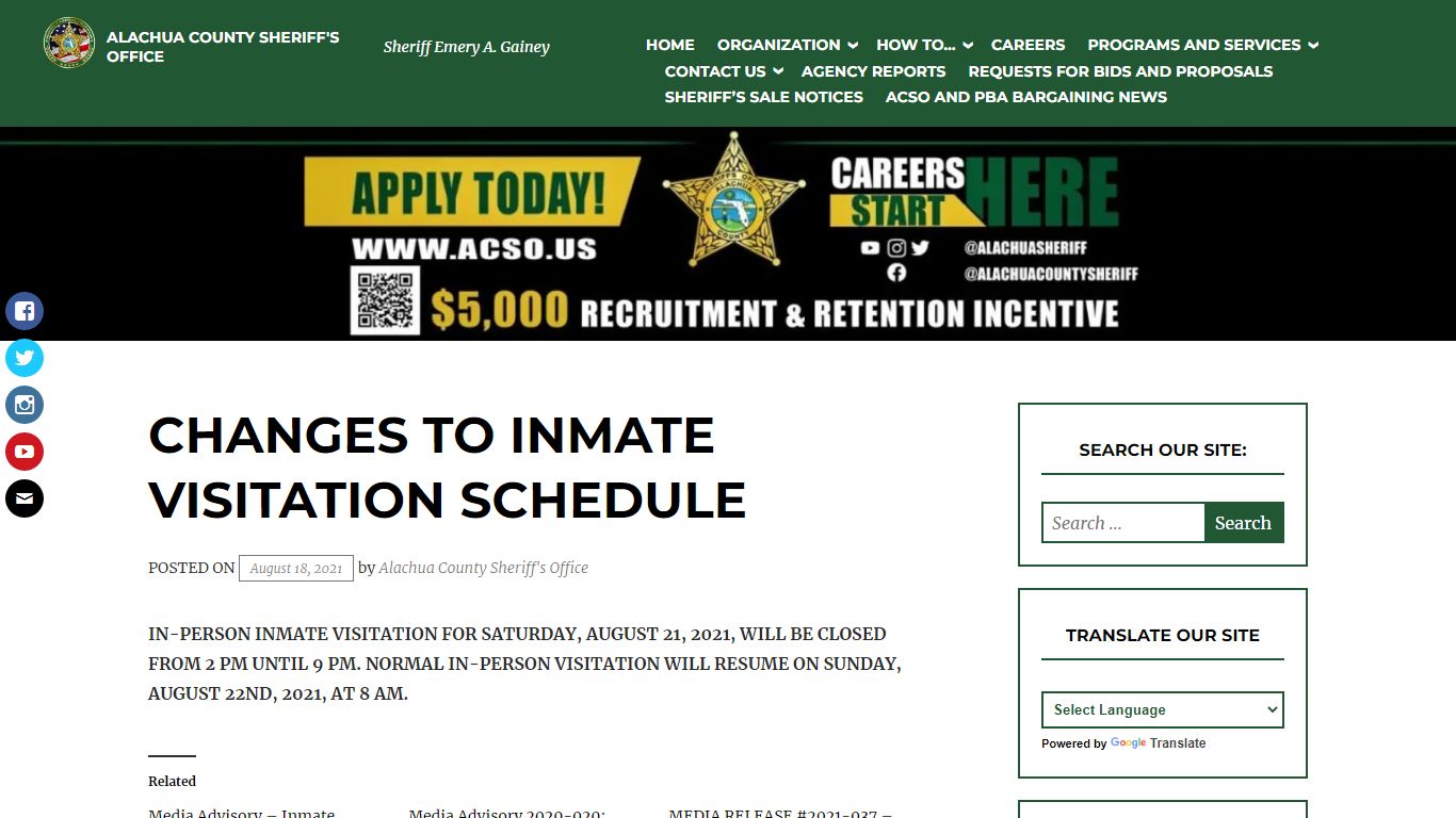 changes to inmate visitation schedule - ALACHUA COUNTY SHERIFF'S OFFICE
